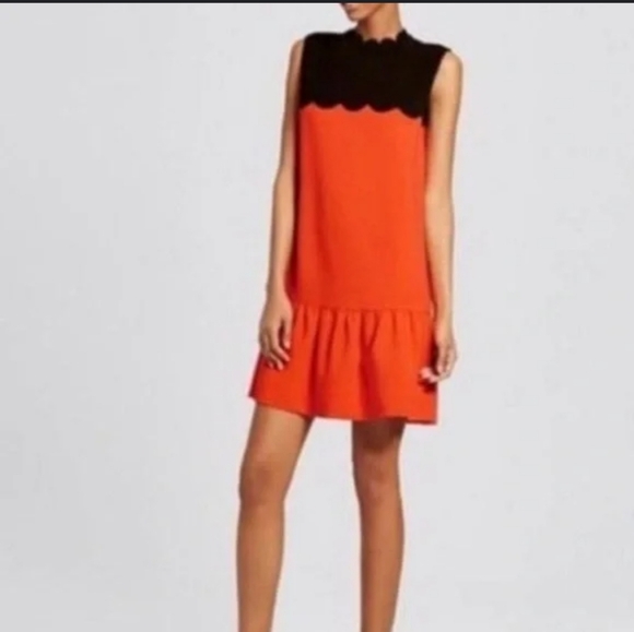 Victoria Beckham For Target Crew Neck Mini Shift Dress. Red with a black scallop - Picture 2 of 10